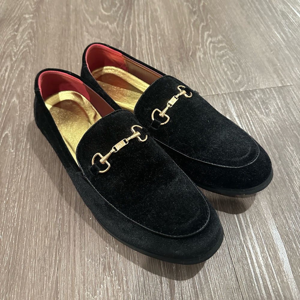 Black Velvet Loafers with Gold Accent